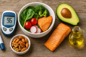 טיפול טבעי בסוכרת – מזון קיטוגני הכולל סלמון, אבוקדו, ירקות טריים, אגוזים ושמן זית לצד גלוקומטר