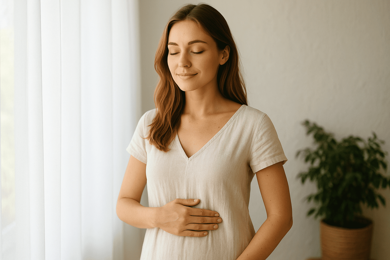 תנגודת לאינסולין ופוריות נשית - אישה רגועה באור טבעי, מניחה יד על הבטן – איזון הורמונלי ופוריות טבעית