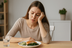 אישה עייפה אחרי ארוחה – המחשה של תנגודת לאינסולין ועייפות כרונית