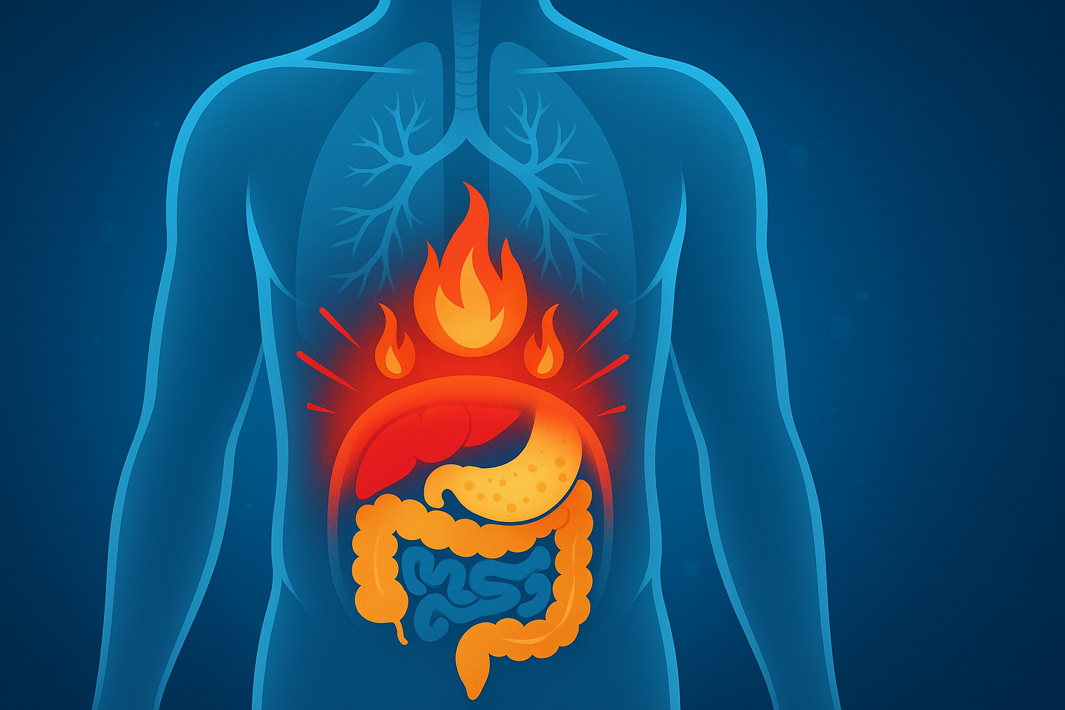 איור רפואי של דלקת כרונית ושומן ויסצרלי בבטן, הקשורים להתפתחות תסמונת מטבולית.